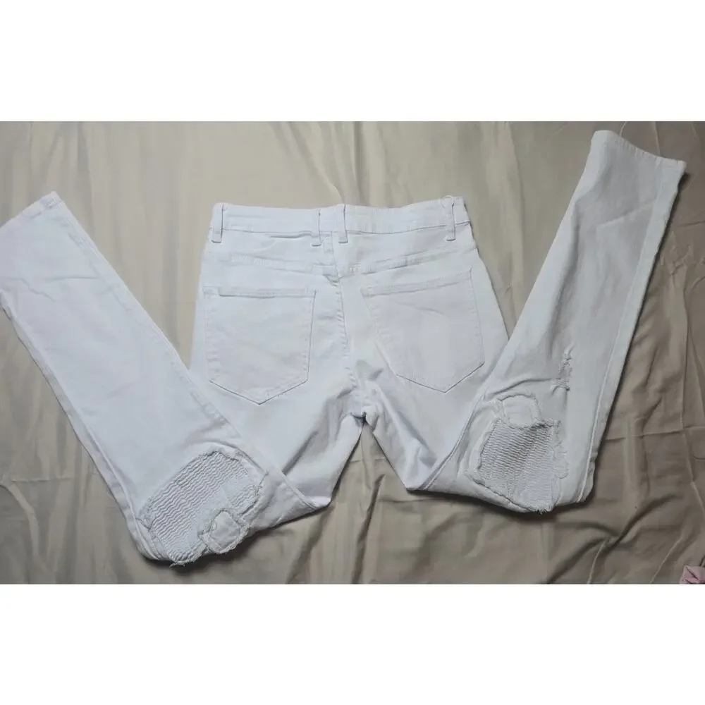Men’s White Ripped Moto Biker Jeans Distressed Ribbed Panel Streetwear